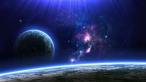 Vast Cosmic Nebula and Distant Planet Viewed From a Glowing Atmospheric Horizon HD wallpaper