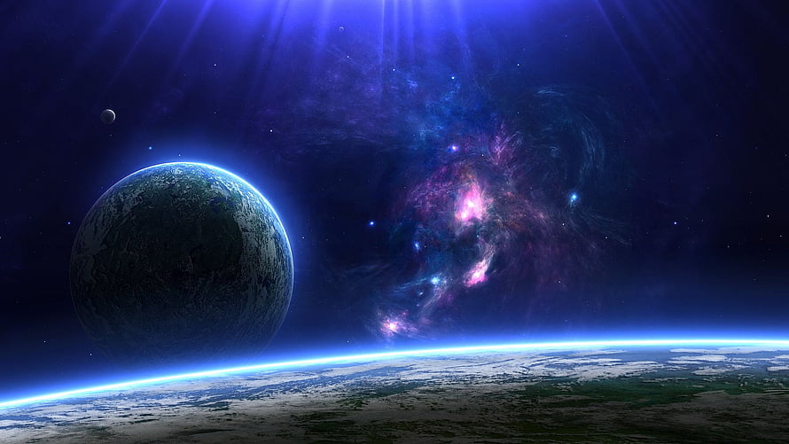 Vast Cosmic Nebula and Distant Planet Viewed From a Glowing Atmospheric Horizon HD wallpaper