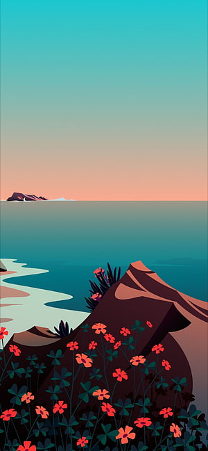Minimalist Coastal Landscape With Red Flowers And Sunset Sky HD phone wallpaper