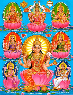 Ashta Lakshmi Devi Hindu Goddesses on Lotus Flowers with Gold Jewelry HD phone wallpaper