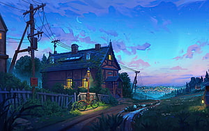 Cozy Cottage at Twilight with Glowing Windows and Distant City Lights HD wallpaper