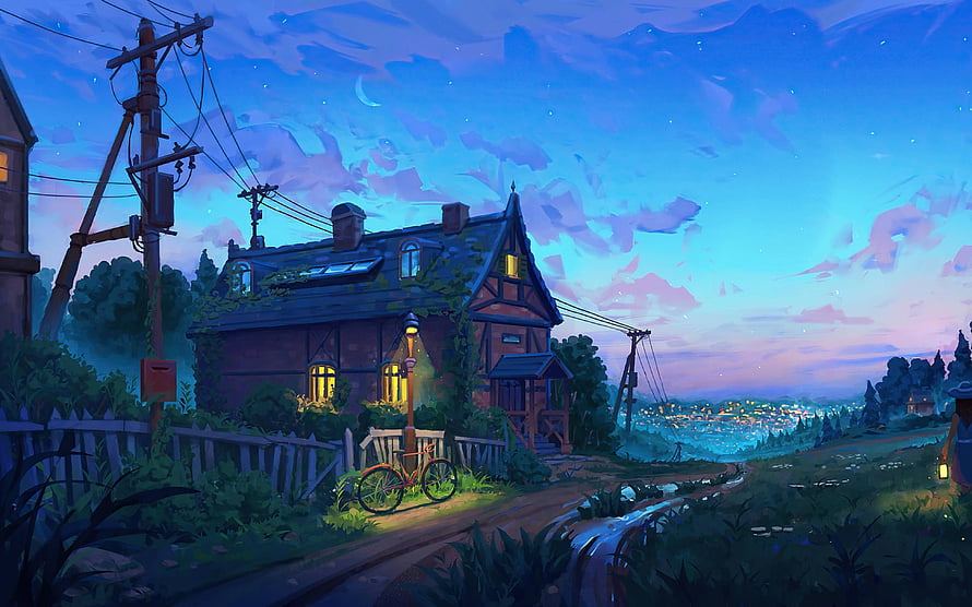 Cozy Cottage at Twilight with Glowing Windows and Distant City Lights HD wallpaper