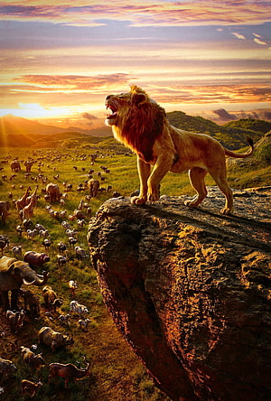 Mufasa Roaring on Pride Rock Overlooking the African Savanna at Golden Hour HD phone wallpaper