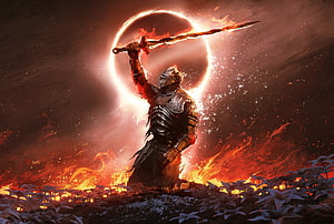 Dark Souls 3 Knight Raising Sword in Inferno with Eclipse HD wallpaper