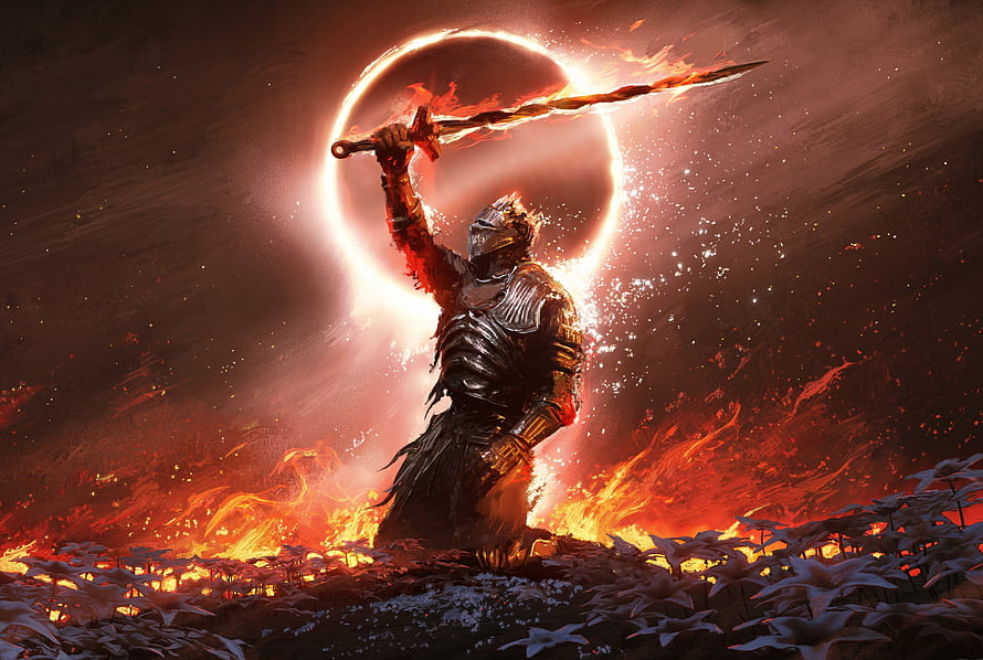 Dark Souls 3 Knight Raising Sword in Inferno with Eclipse HD wallpaper