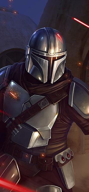 Mandalorian in Beskar Armor Amidst Star Wars Battle with Red Blaster Fire HD phone wallpaper