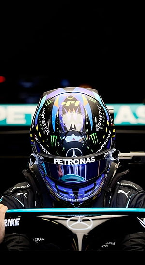 Lewis Hamilton Mercedes F1 Helmet Closeup With Petronas And Monster Energy Logos HD phone wallpaper