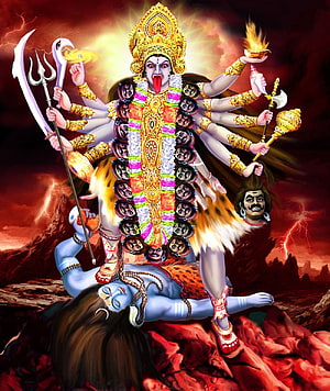 Kali Maa Trampling Shiva with Multiple Arms Holding Weapons and Garland of Heads HD phone wallpaper