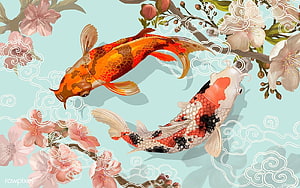 Illustration of Two Colorful Koi Fish Swimming Among Cherry Blossoms and Clouds HD wallpaper