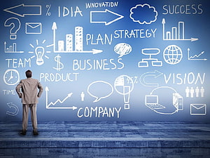 Businessman Analyzing Strategy And Innovation Concepts On Blue Wall, Services, Business Success HD wallpaper