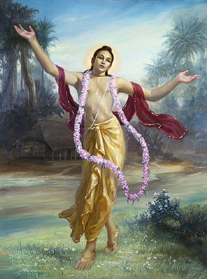 Krishna Dancing in Nature with Flower Garland and Golden Dhoti HD phone wallpaper