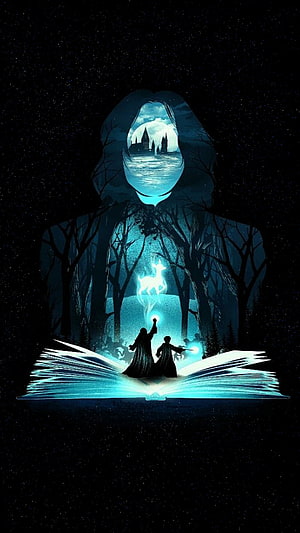 Harry Potter Hogwarts Forest Scene with Glowing Deer and Open Book HD phone wallpaper