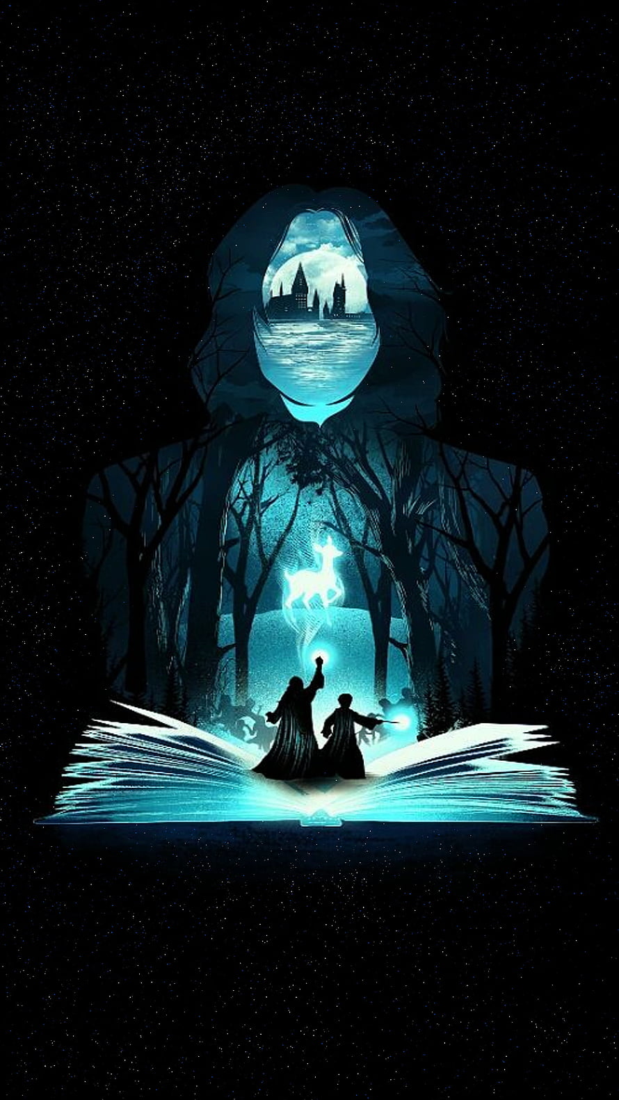 Harry Potter Hogwarts Forest Scene with Glowing Deer and Open Book HD phone wallpaper