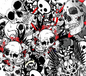 Dense Skull Sticker Bomb Illustration with Red Accents and Crossbones HD wallpaper
