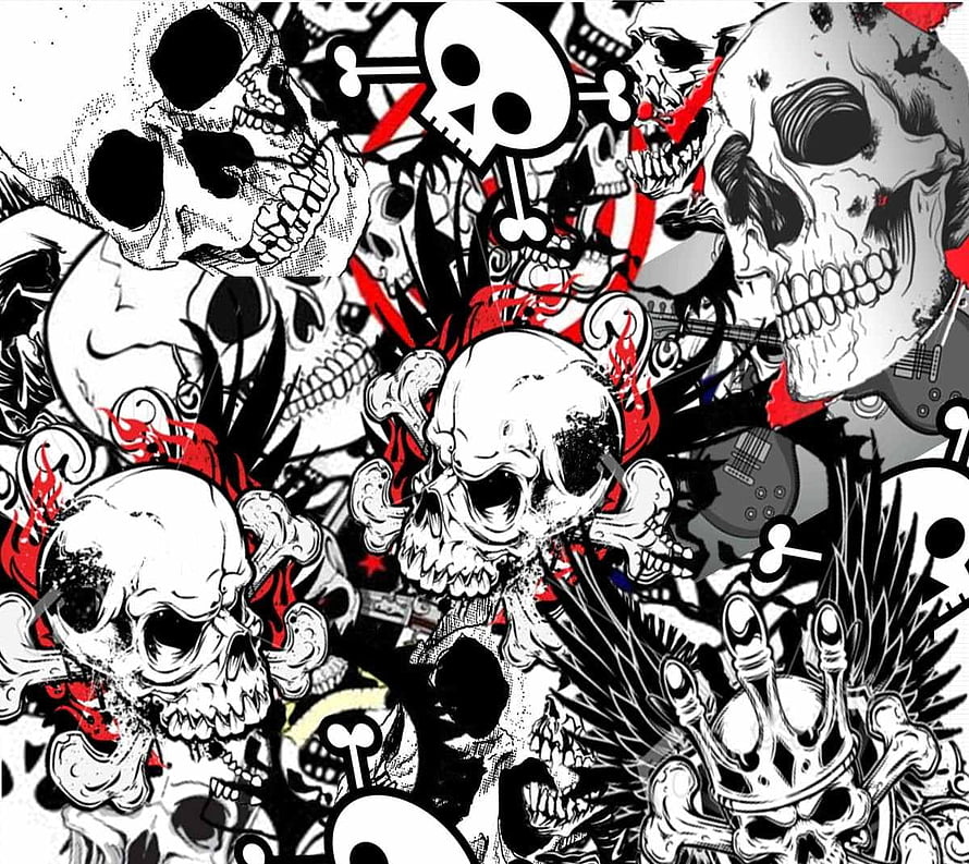 Dense Skull Sticker Bomb Illustration with Red Accents and Crossbones HD wallpaper