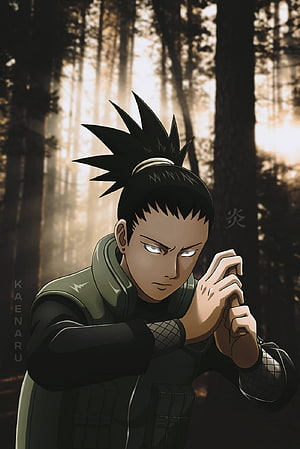 Shikamaru Nara in Forest with Glowing Eyes and Hand Seal HD phone wallpaper