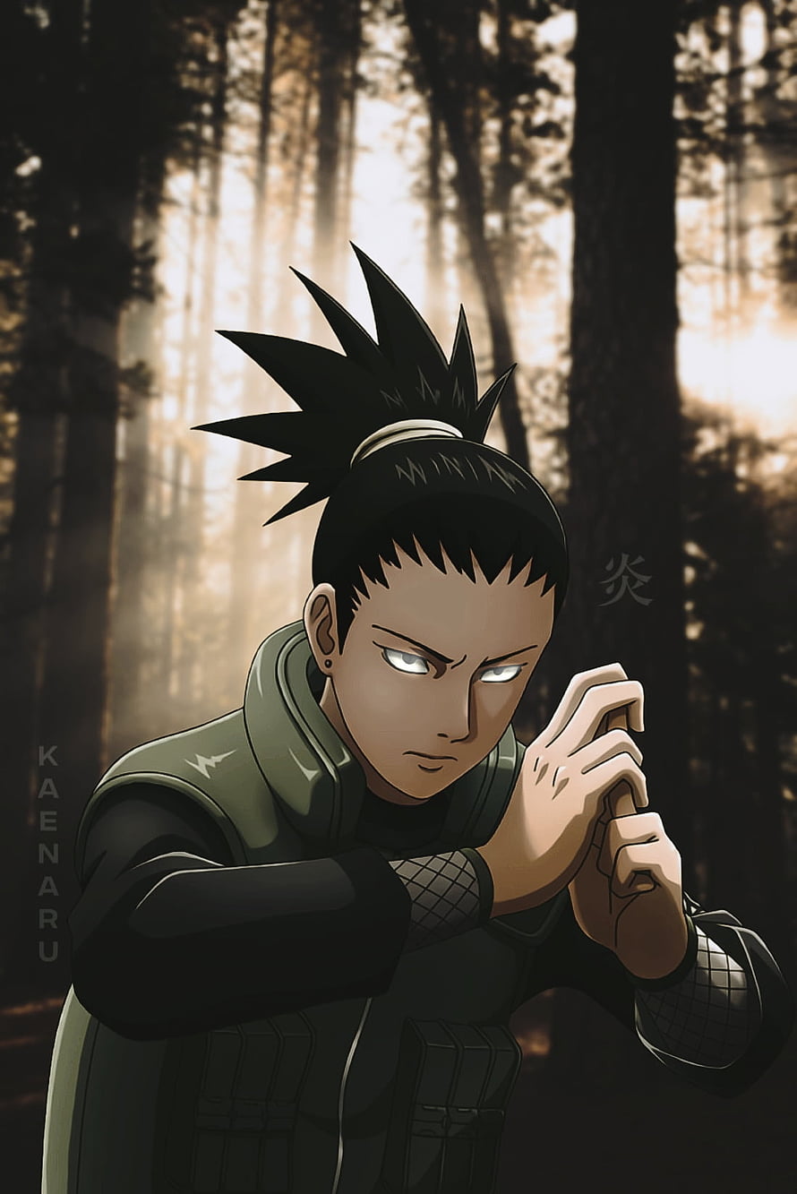 Shikamaru Nara in Forest with Glowing Eyes and Hand Seal HD phone wallpaper