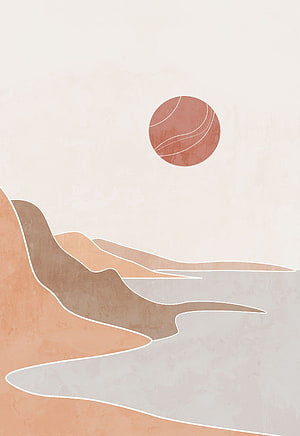 Minimalist Boho Terracotta Ocean Landscape with Abstract Sun and Rolling Dunes HD phone wallpaper