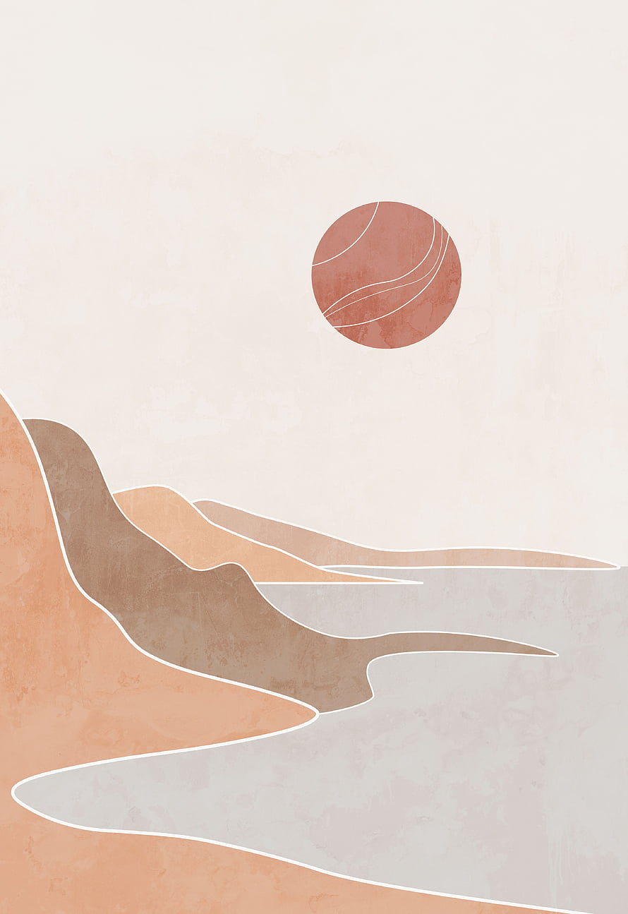 Minimalist Boho Terracotta Ocean Landscape with Abstract Sun and Rolling Dunes HD phone wallpaper
