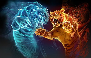 Fire and Ice Tiger Clash: Glowing Elemental Fantasy Artwork HD wallpaper