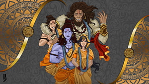 Illustration of Lord Shiva, Parvati, Ganesha, and Kartikeya with ornate golden mandala background, Ramayana, Art, Gods, Hindu HD wallpaper
