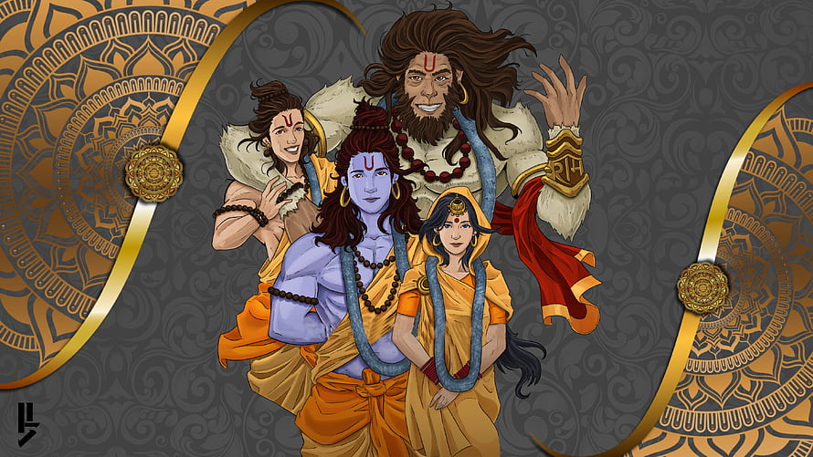Illustration of Lord Shiva, Parvati, Ganesha, and Kartikeya with ornate golden mandala background, Ramayana, Art, Gods, Hindu HD wallpaper