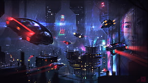 Neon-lit cyberpunk cityscape with flying vehicles and holographic billboards in the rain HD wallpaper