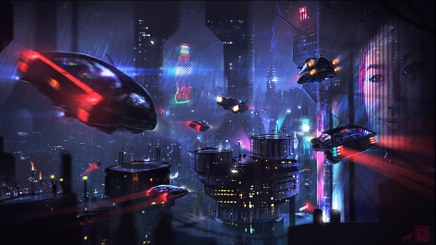 Neon-lit cyberpunk cityscape with flying vehicles and holographic billboards in the rain HD wallpaper
