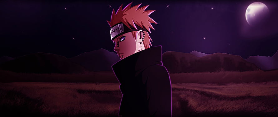 Pain from Naruto Standing Under a Purple Moonlit Night Sky HD wallpaper