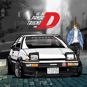 Initial D Takumi Fujiwara and Toyota AE86 Trueno Panda Racing Car Anime Illustration HD phone wallpaper
