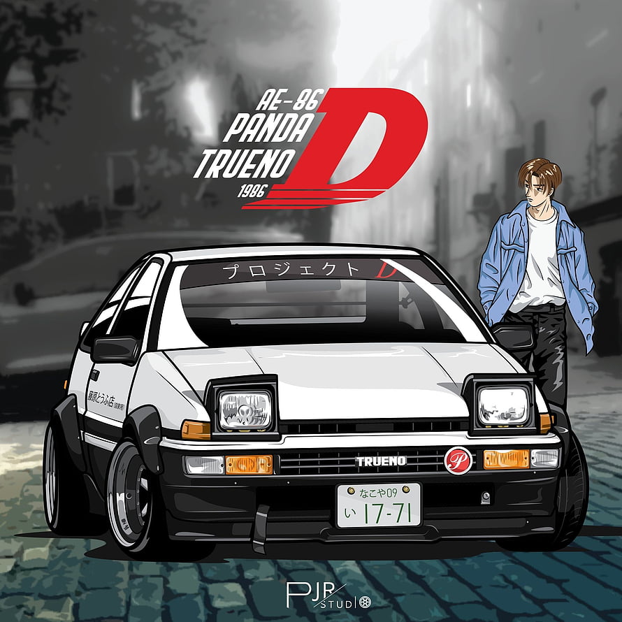 Initial D Takumi Fujiwara and Toyota AE86 Trueno Panda Racing Car Anime Illustration HD phone wallpaper