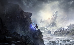 Star Wars Jedi Fallen Order Cal Kestis and BD-1 overlooking crashed ship in snowy mountains HD wallpaper