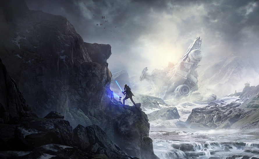 Star Wars Jedi Fallen Order Cal Kestis and BD-1 overlooking crashed ship in snowy mountains HD wallpaper