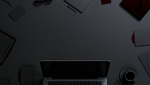 Minimalist Dark Workspace with Laptop and Coffee HD wallpaper