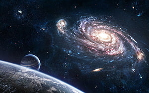 Stunning Deep Space View of Spiral Galaxy and Planets HD wallpaper