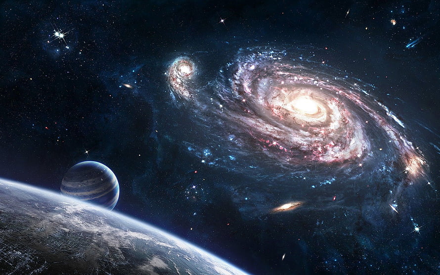 Stunning Deep Space View of Spiral Galaxy and Planets HD wallpaper