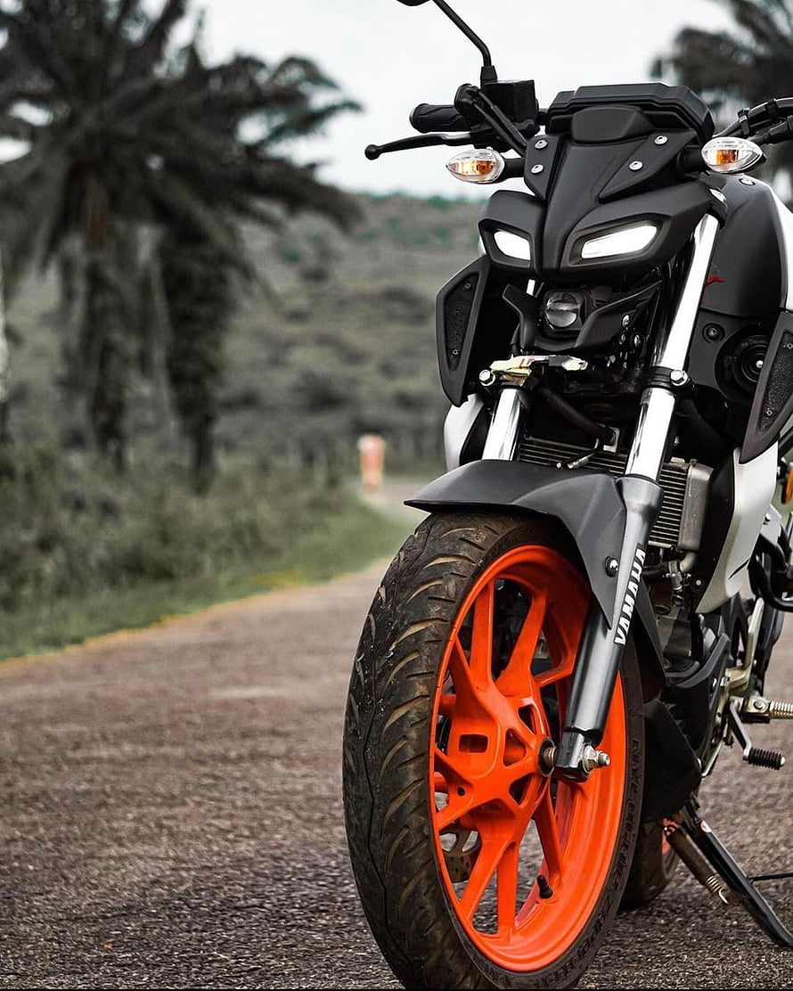 Yamaha MT-15 Motorcycle with Orange Wheels on a Rural Road HD phone wallpaper