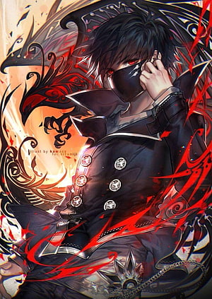 Anime Male Character With Red Eyes And Black Mask In Dark Coat With Red Energy Swirls HD phone wallpaper
