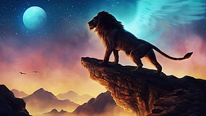 Majestic Lion Standing on Cliff Edge Under Starry Night Sky with Blue Moon HD wallpaper