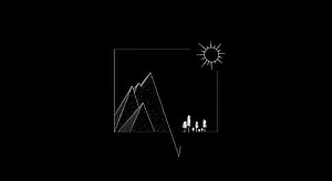 Minimalist White Line Art Mountain Landscape With Sun And Trees On Black Background HD wallpaper