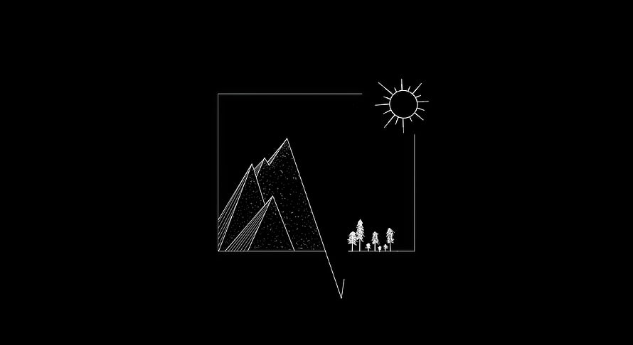 Minimalist White Line Art Mountain Landscape With Sun And Trees On Black Background HD wallpaper