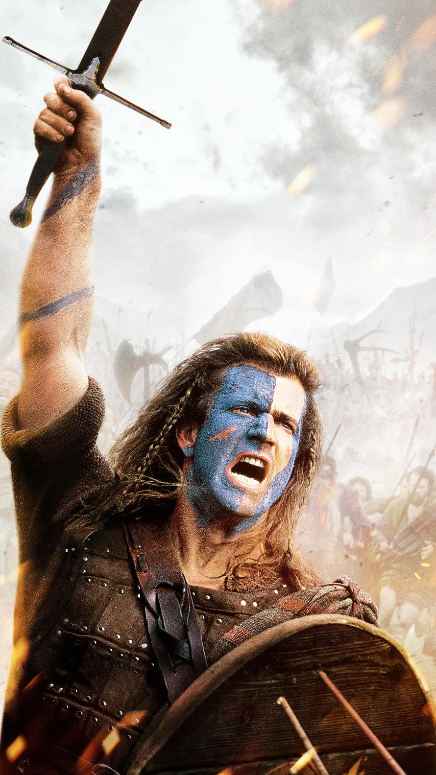 Braveheart Warrior With Blue Face Paint Raising Sword in Epic Battle Scene HD phone wallpaper