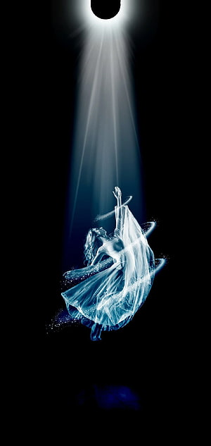 Ethereal Ballerina Reaching for Celestial Light in Blue Spotlight HD phone wallpaper