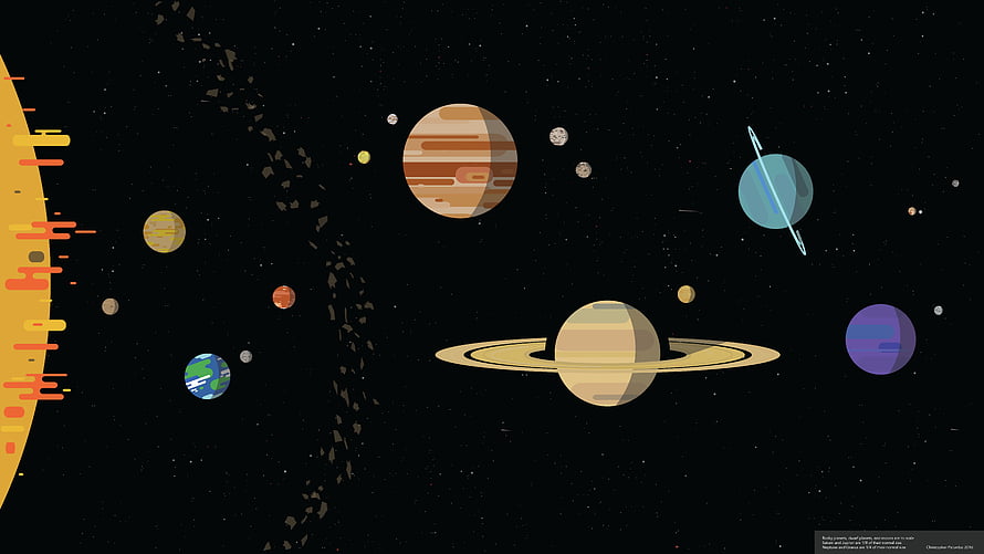Vector illustration of the solar system featuring stylized planets, a sun, and asteroid belt in space HD wallpaper