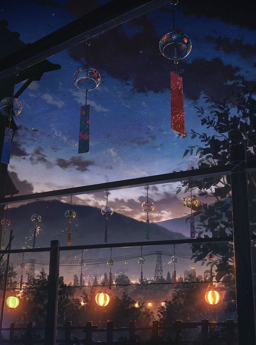 Serene Night Sky With Hanging Glass Wind Chimes And Glowing Lanterns HD phone wallpaper