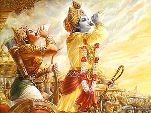 Krishna and Arjuna in the Bhagavad Gita scene from the Mahabharata epic HD wallpaper