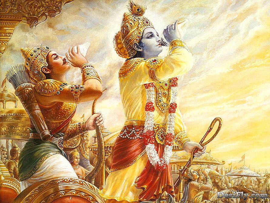 Krishna and Arjuna in the Bhagavad Gita scene from the Mahabharata epic HD wallpaper