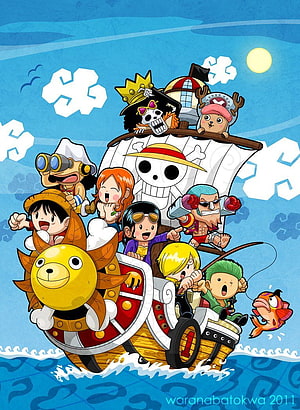 One Piece Straw Hat Crew Chibi Art on Thousand Sunny Ship HD phone wallpaper