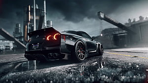 Black Nissan GT-R R35 in a dark rainy cyberpunk city street with glowing taillights HD wallpaper