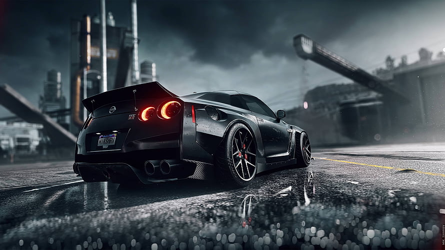 Black Nissan GT-R R35 in a dark rainy cyberpunk city street with glowing taillights HD wallpaper